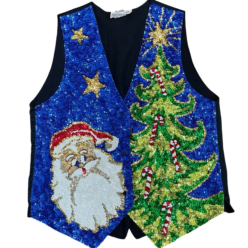 Fashion Fantasy‎ Vintage Full Sequin Christmas Vest Santa Tree Blue Candy Cane